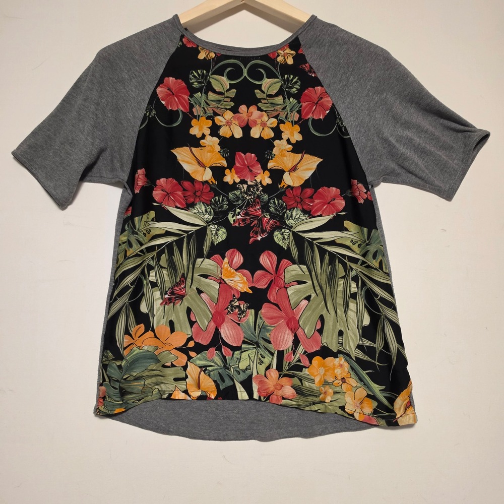 Kamiseta Tropical Floral Butterfly Print Gray Raglan Short Sleeve Top Medium